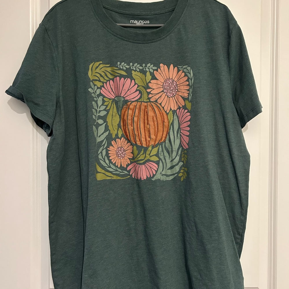 Maurices Pumpkin Flowers Forest Green Oversized Tee